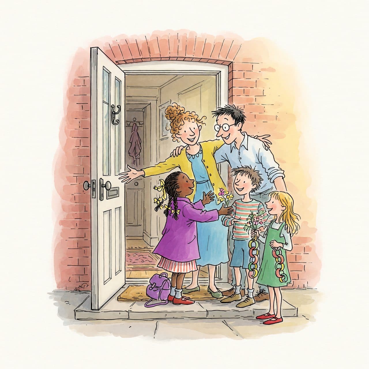 A watercolor illustration of a family welcoming an adopted child home