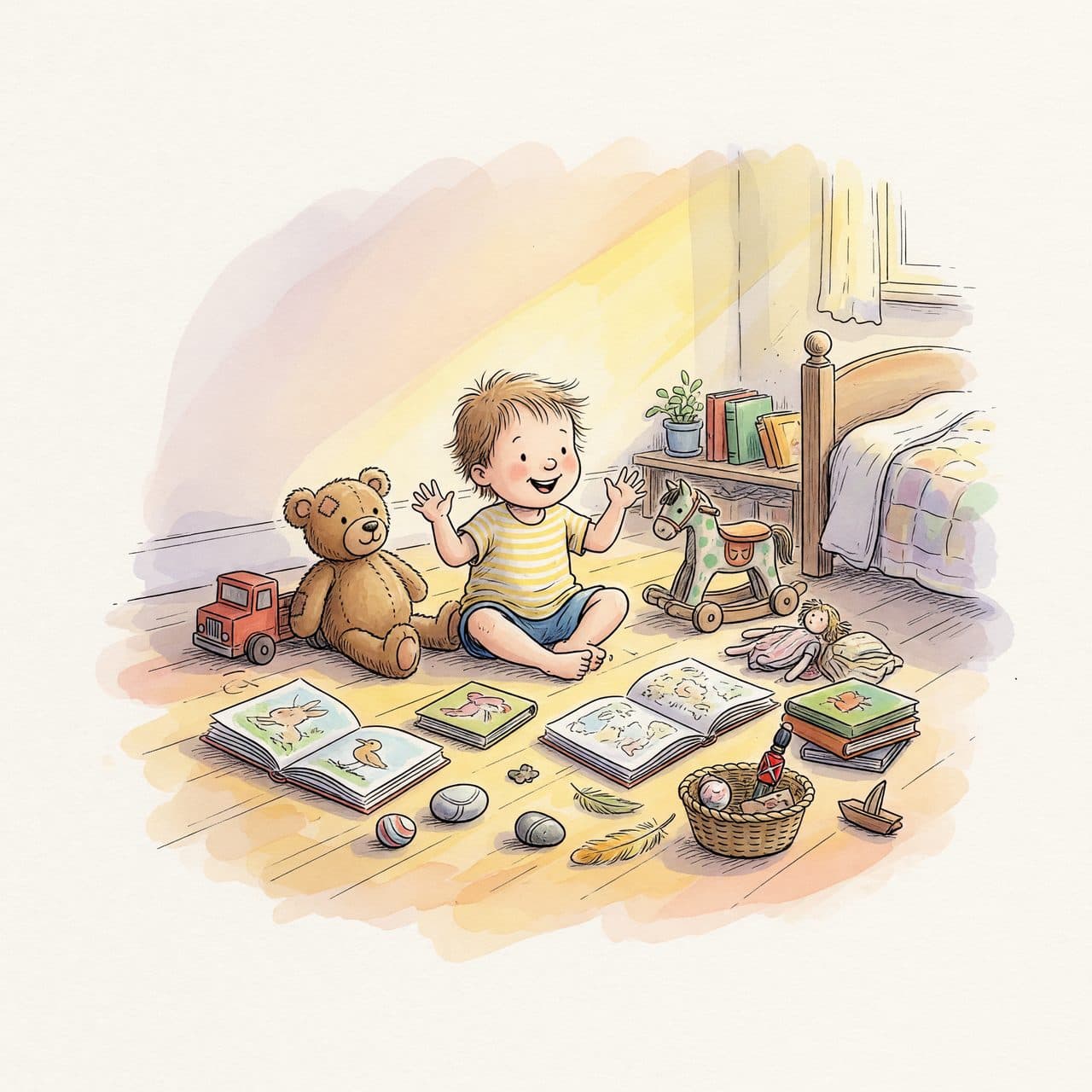 A watercolor illustration of a child happily surrounded by their favorite toys and things