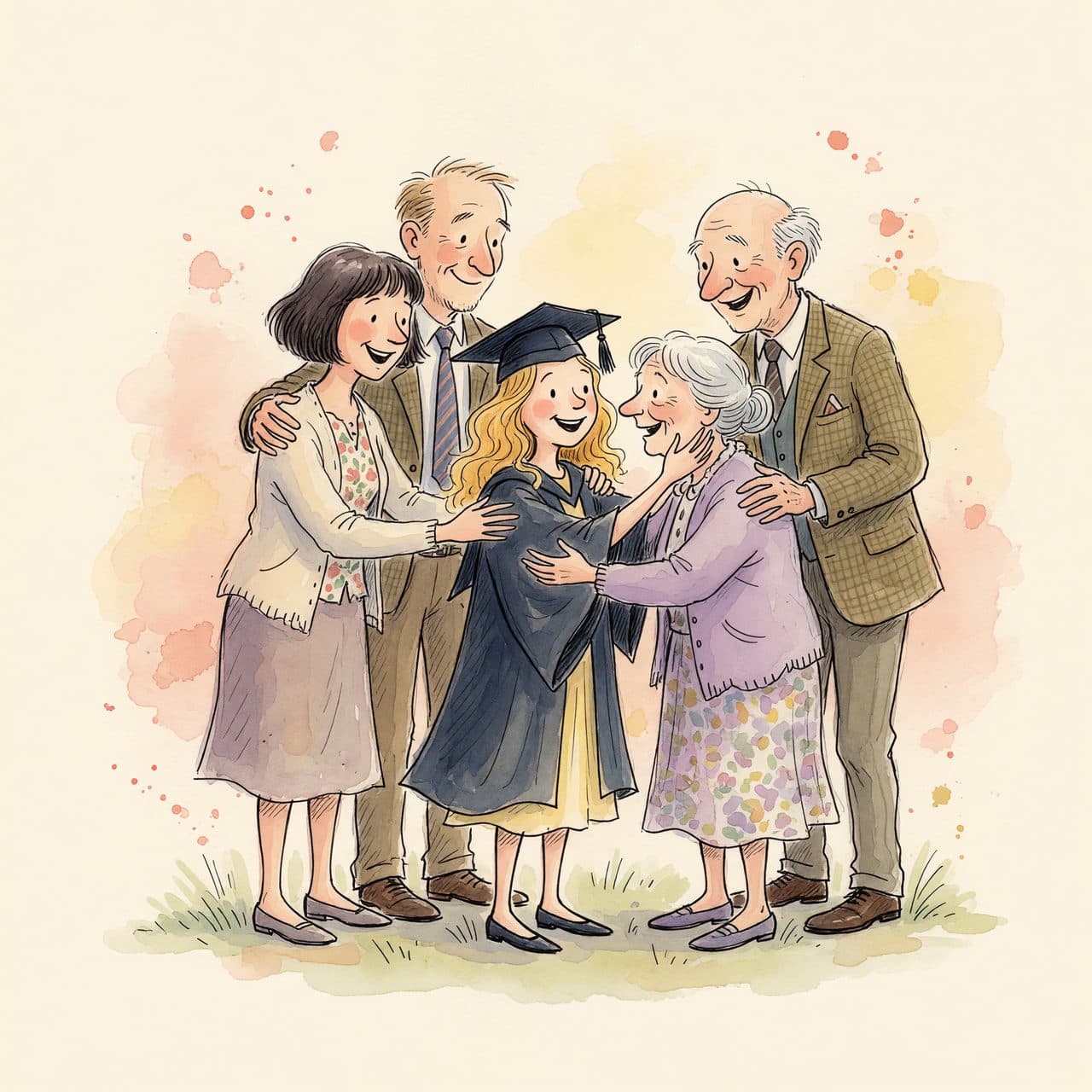 A watercolor illustration of a graduate celebrating with proud family