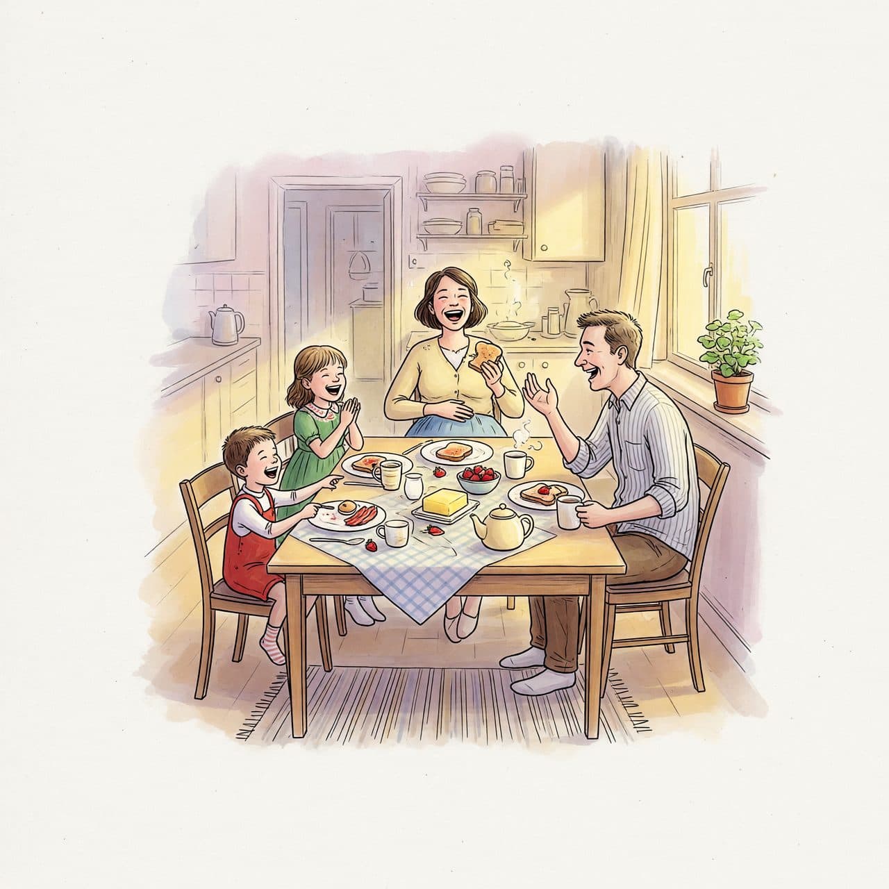 A watercolor illustration of a family sharing a warm, ordinary, happy moment together