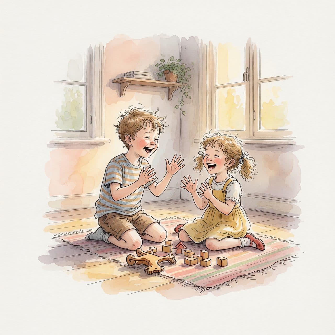 A watercolor illustration of siblings playing and laughing together