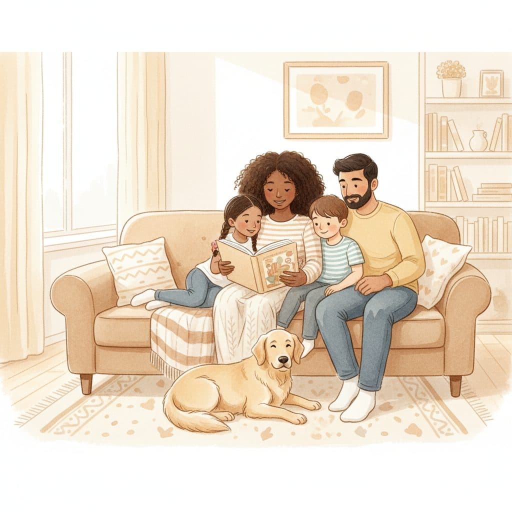 A watercolor illustration of a family reading a storybook together