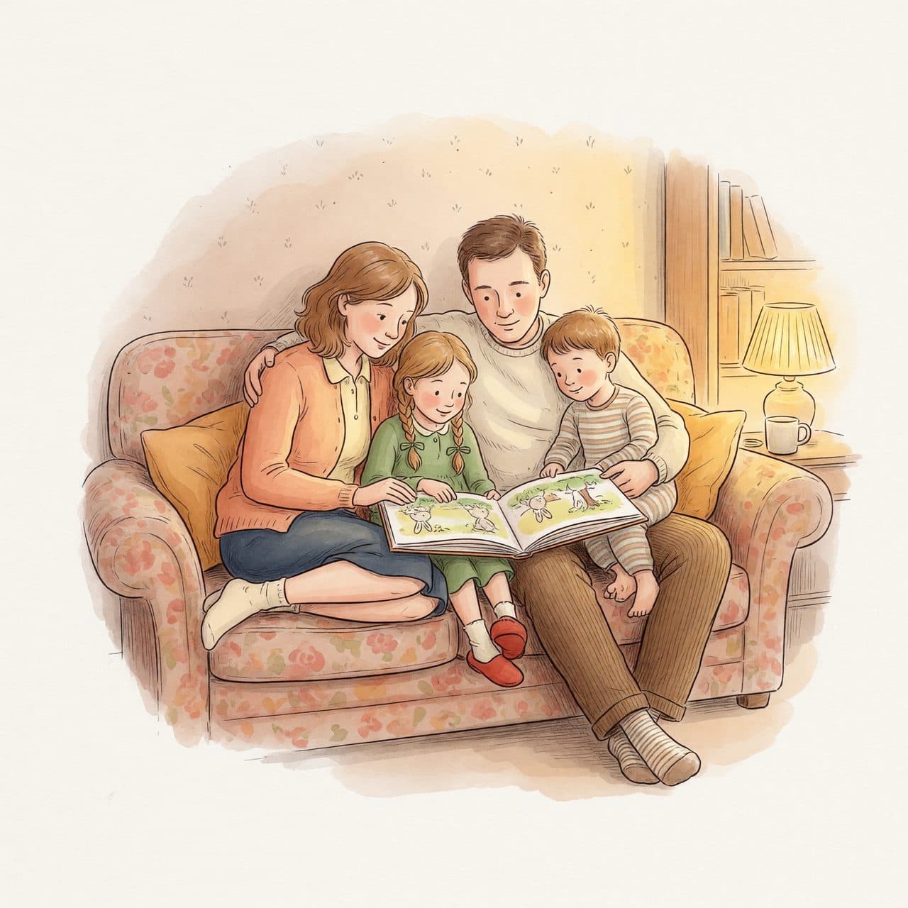 Una ilustración en acuarela de una familia leyendo juntos un libro de cuentos