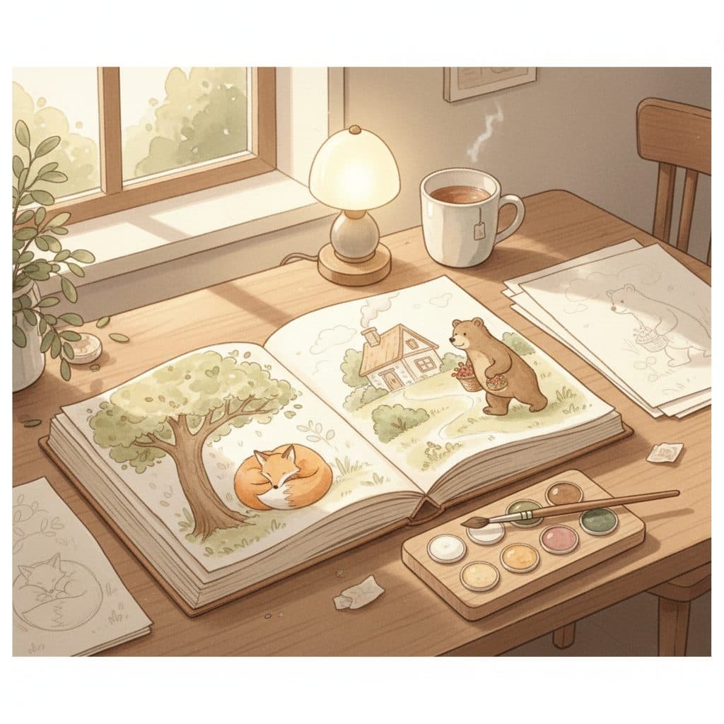 A watercolor illustration of an open storybook being painted by hand on a cozy tabletop