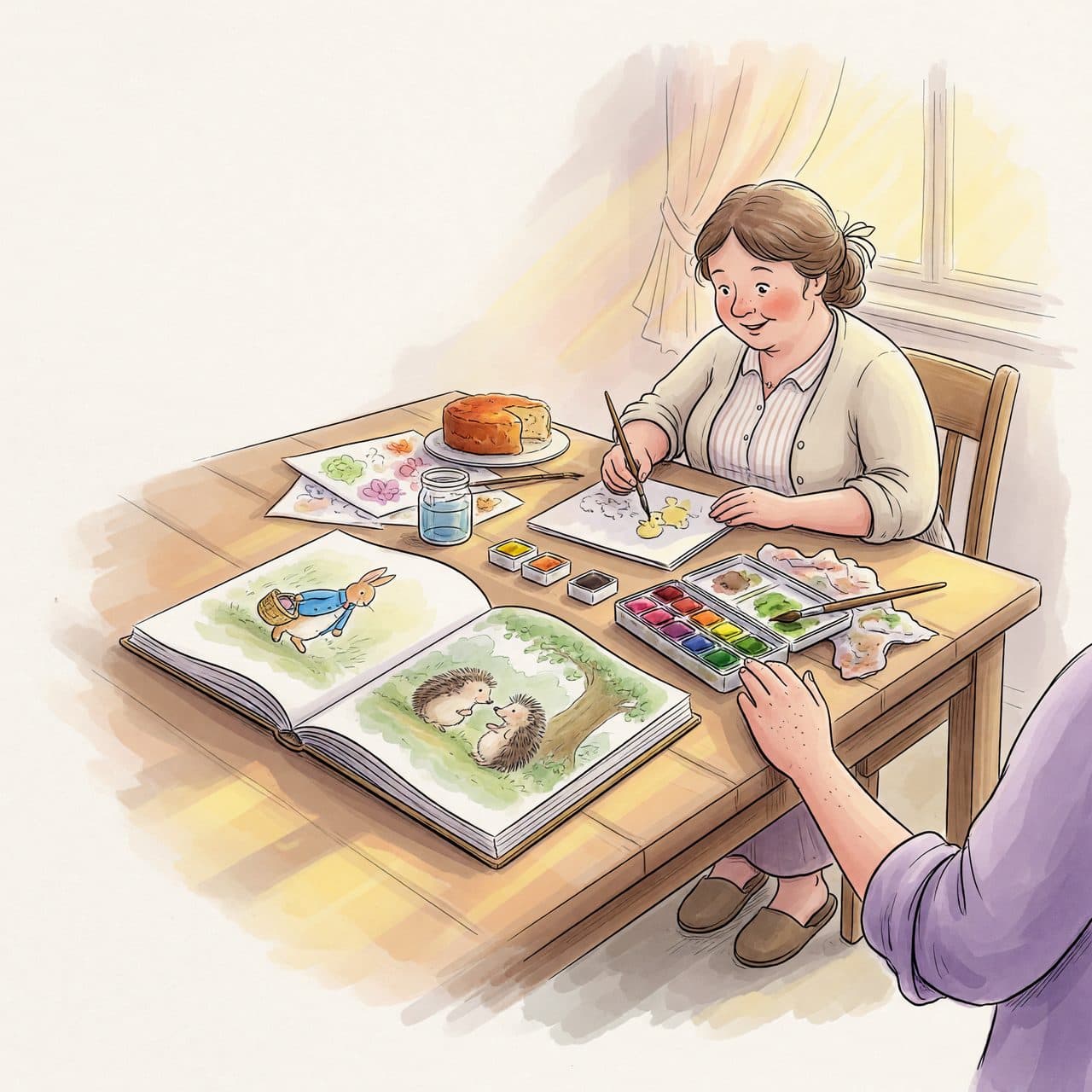 Una ilustración en acuarela de un libro de cuentos abierto pintado a mano sobre una mesa acogedora