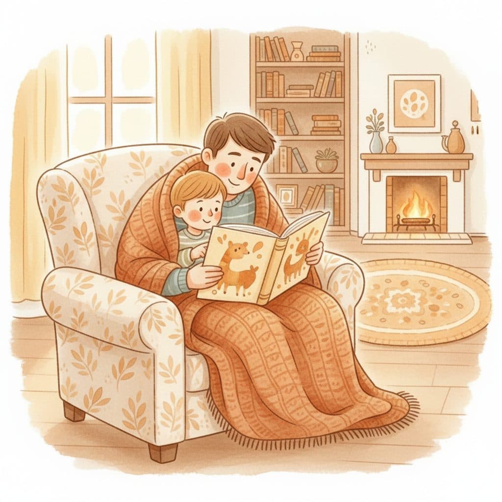A watercolor illustration of a parent and child reading a storybook together in a cozy armchair
