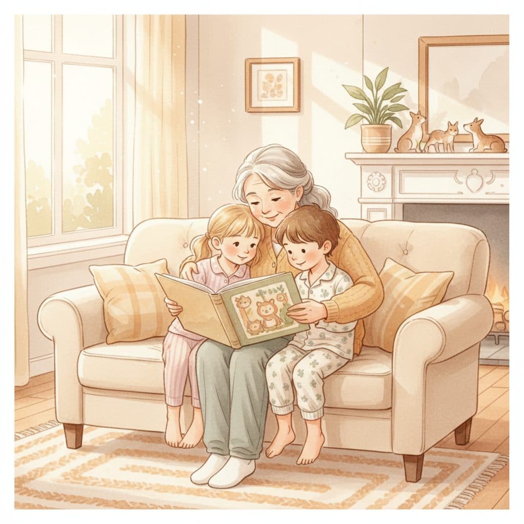 A watercolor scene of a grandmother reading a storybook with two grandchildren.