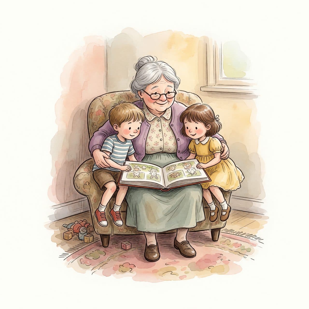 Una escena en acuarela de una abuela leyendo un libro de cuentos con dos nietos.