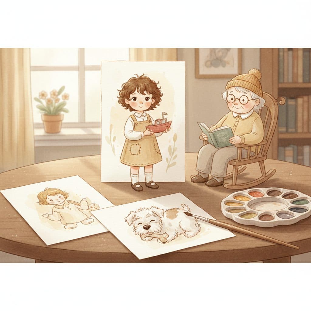 A watercolor scene of a studio table with painted sketches of several storybook characters.