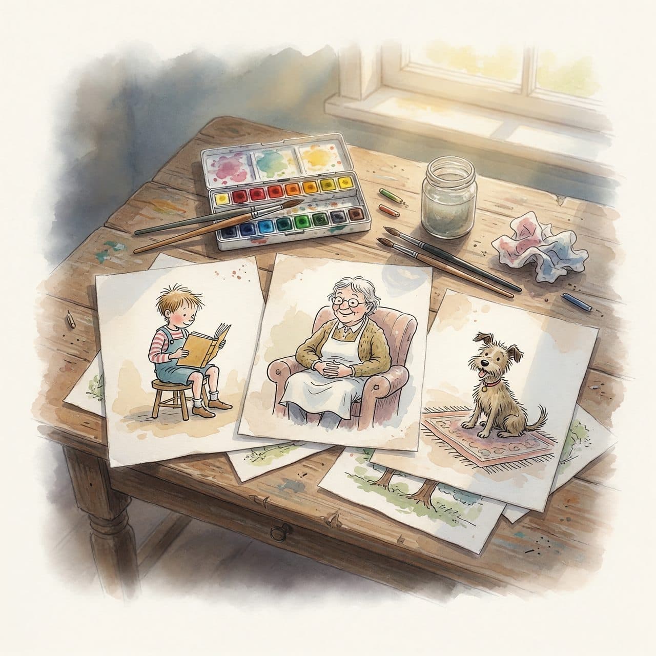 Una escena en acuarela de una mesa de estudio con bocetos pintados de varios personajes de un libro de cuentos.