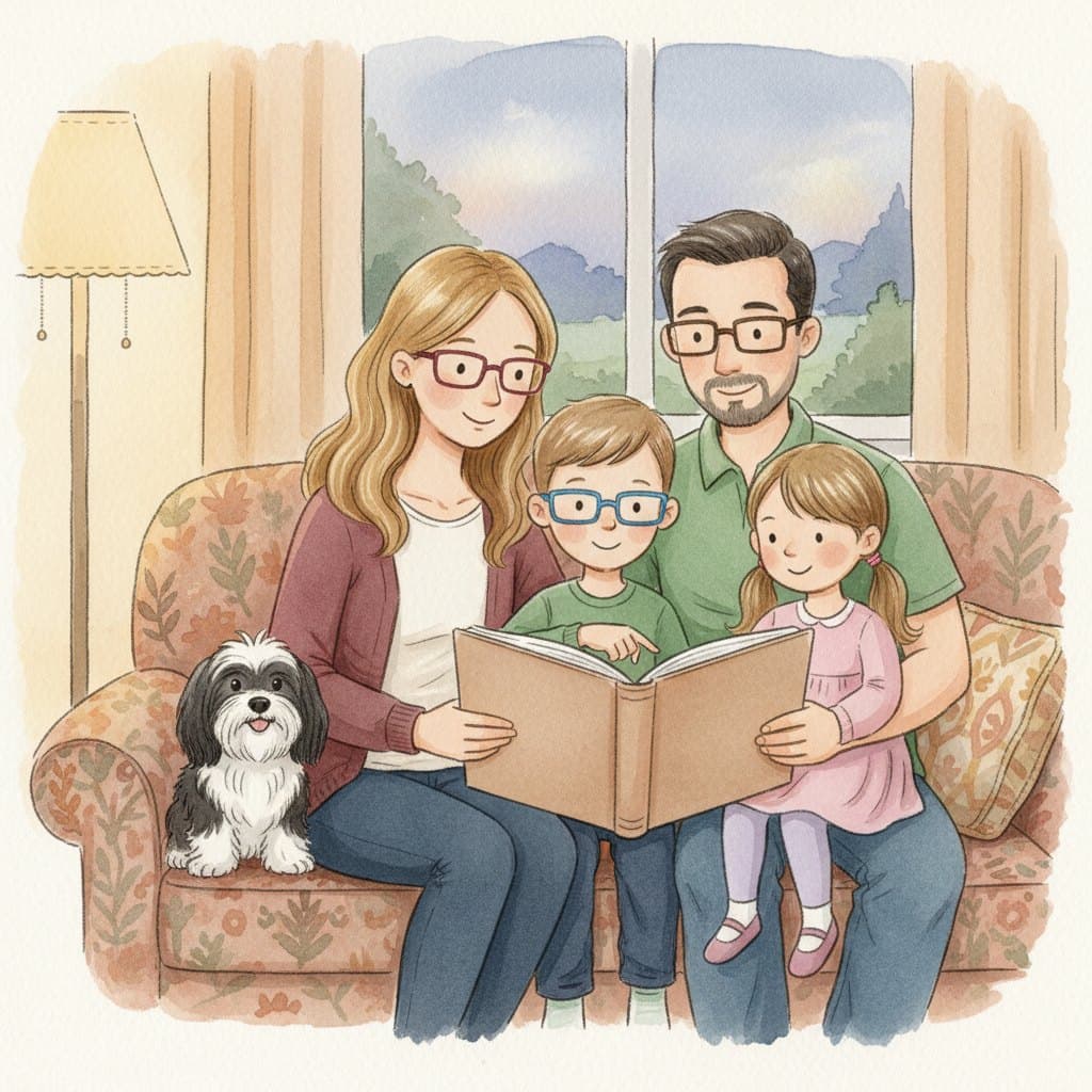 A watercolor of a family reading a storybook together by lamplight, a dog curled up beside them