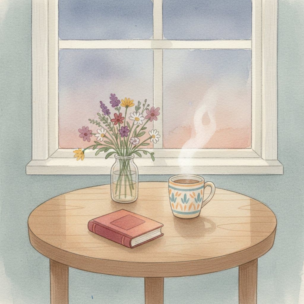 A watercolor of a small finished storybook resting on a kitchen table in soft evening light