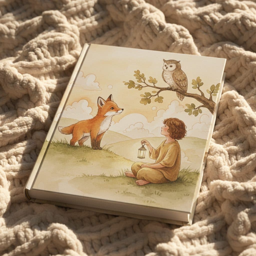 A small watercolor storybook resting on a soft knit blanket, the cover slightly open