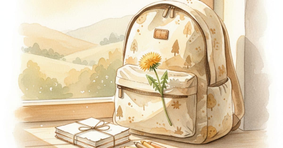 A child's backpack by a sunny windowsill with notebooks and crayons nearby.