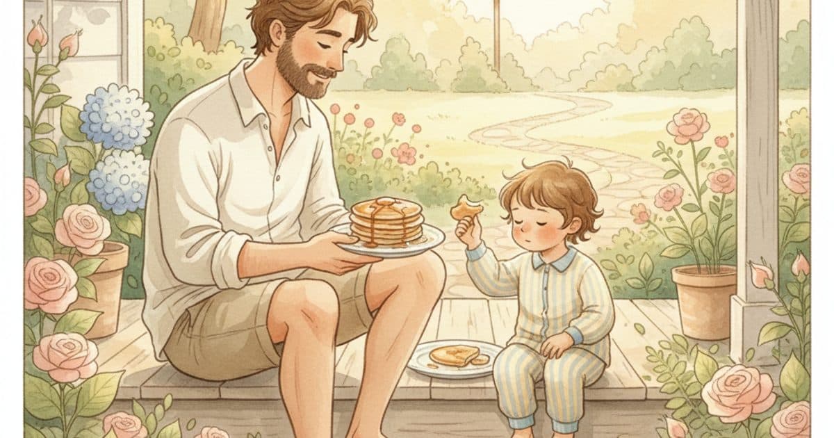 A father and child share pancakes on a sunlit porch step in summer morning light.
