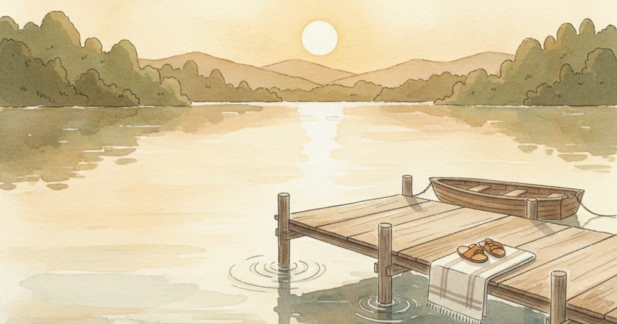 A wooden dock at sunset with a folded towel and small sandals at its edge, calm lake water below.