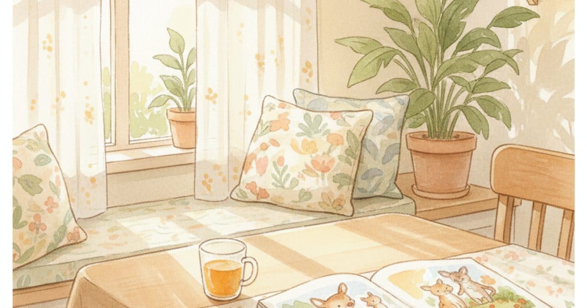 Sunlit kitchen table with a cup of juice and an open picture book in soft morning light.