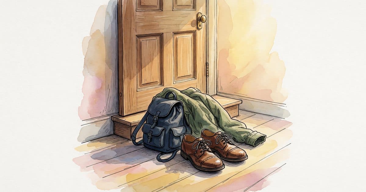 A child's backpack, shoes, and jacket by a front door in morning light