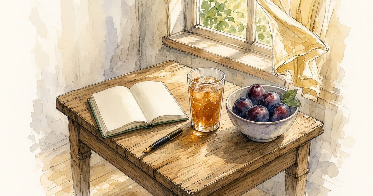 A notebook and pen on a kitchen table beside an iced drink and an open window in summer light