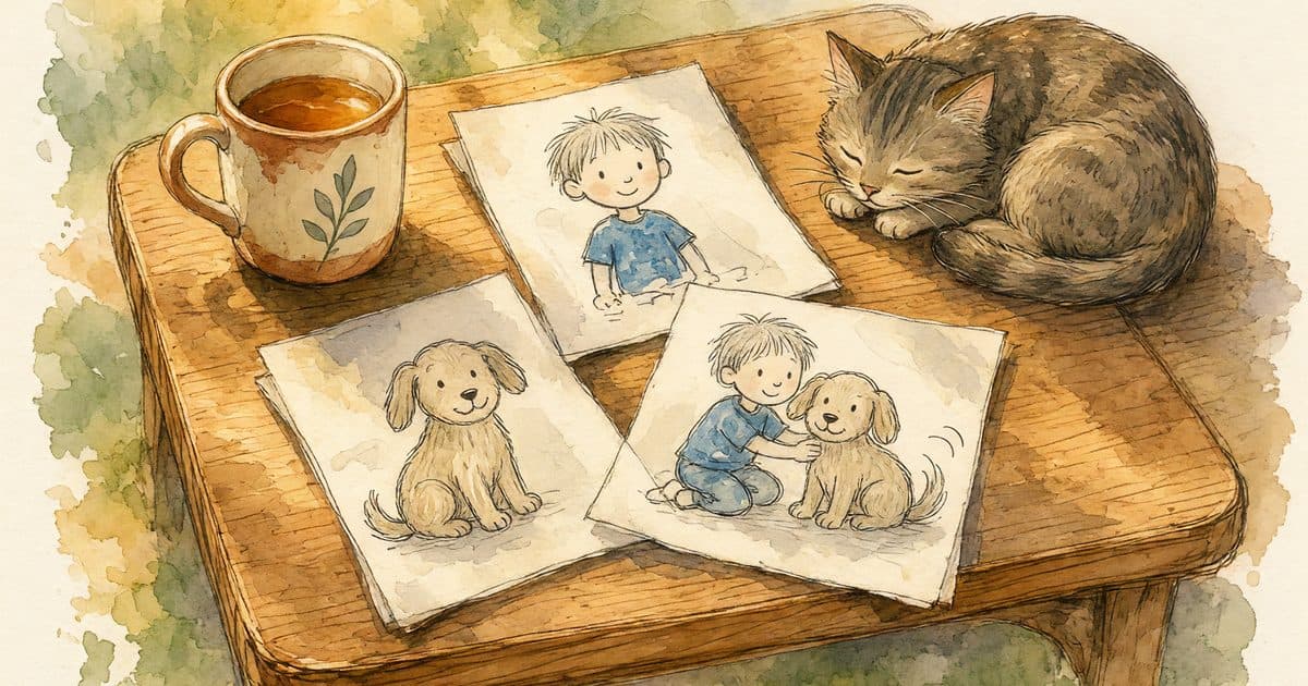 Watercolor of pencil character sketches spread on a desk beside a mug and a sleeping cat