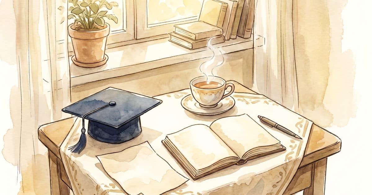 A graduation cap and handwritten letter on a wooden table by a sunny window.