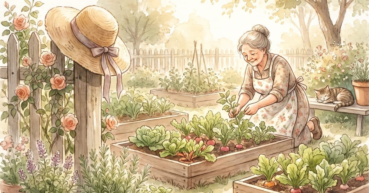 A watercolor illustration of a sunny grandmother's garden with vegetable beds and a straw hat on a fence post.