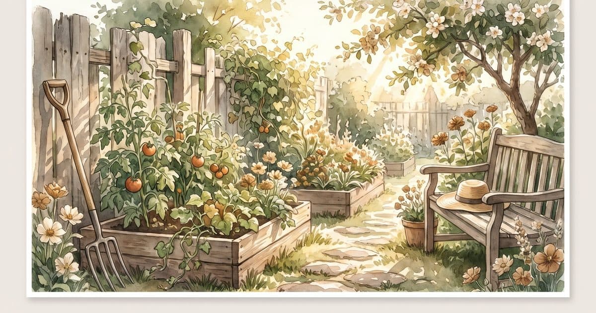 Sunlit backyard vegetable garden with a wooden bench and wide-brimmed hat in warm morning light.