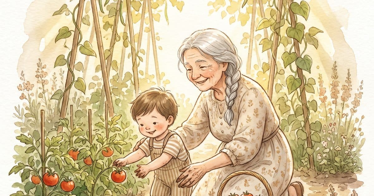 A grandmother and young child tending a sunny garden together, watercolor illustration.