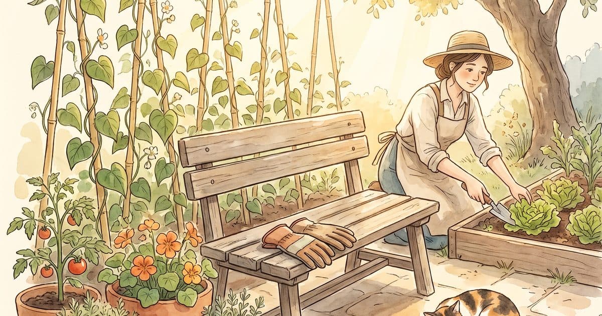 Watercolor illustration of a sunny backyard garden with terracotta pots and climbing bean plants